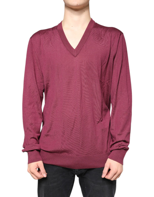 Dolce &amp; Gabbana Maroon Cashmere V-neck Men Pullover Sweater