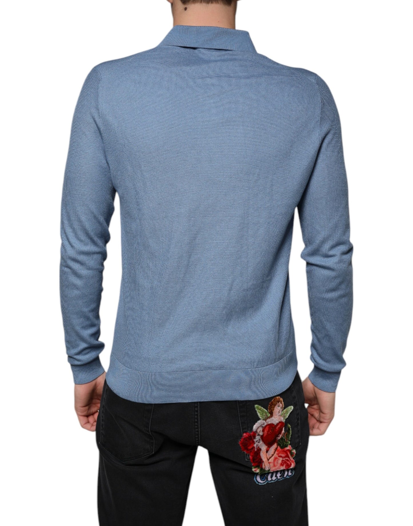 Dolce & Gabbana Himmelblauer Pullover mit Seidenkragen für Männer