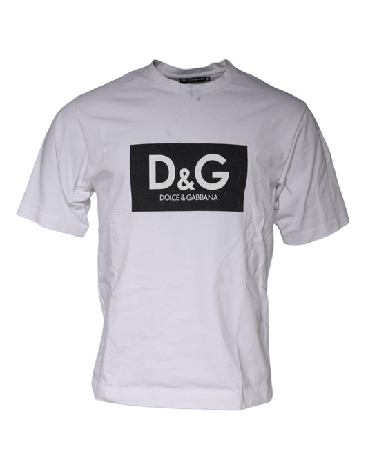 Dolce &amp; Gabbana White Logo Print Cotton Crew Neck T-paita