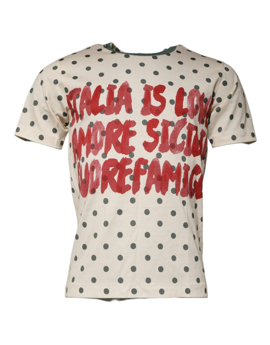 Dolce & Gabbana Beigefarbenes T-Shirt aus Baumwolle mit Polka-Dot-Aufdruck