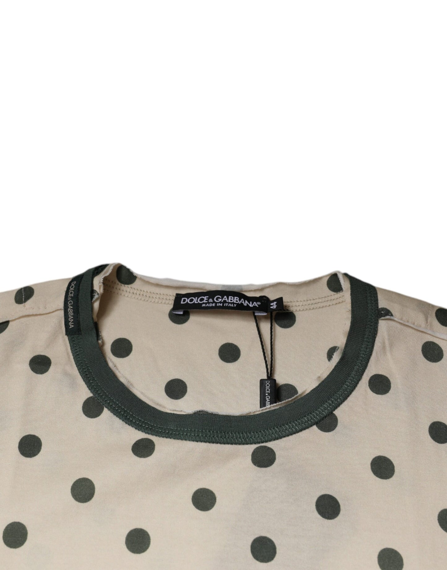 Dolce & Gabbana Beigefarbenes T-Shirt aus Baumwolle mit Polka-Dot-Aufdruck