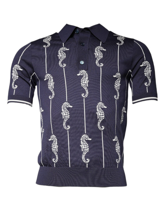 Dolce &amp; Gabbana Tummansininen Sea Horse -kauluspoolo T-paita