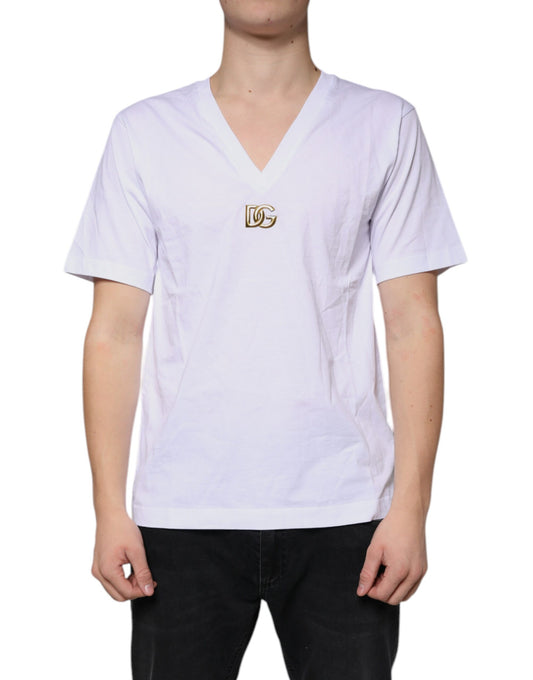 Dolce &amp; Gabbana White Logo Cotton Vneck lyhythihainen T-paita