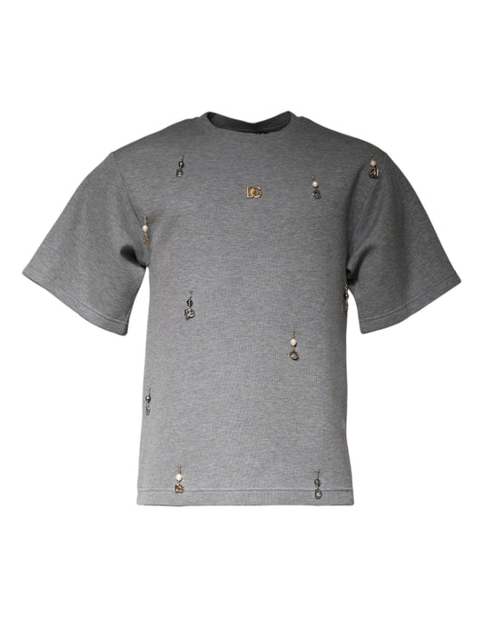 Dolce &amp; Gabbana Grey Cotton Blend Ebellished Tee T-paita