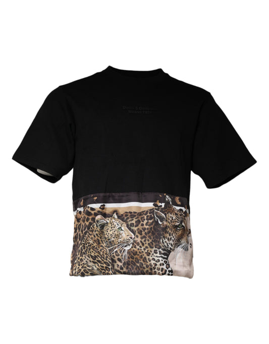 Dolce &amp; Gabbana Black Leopard Cotton Lyhythihainen T-paita