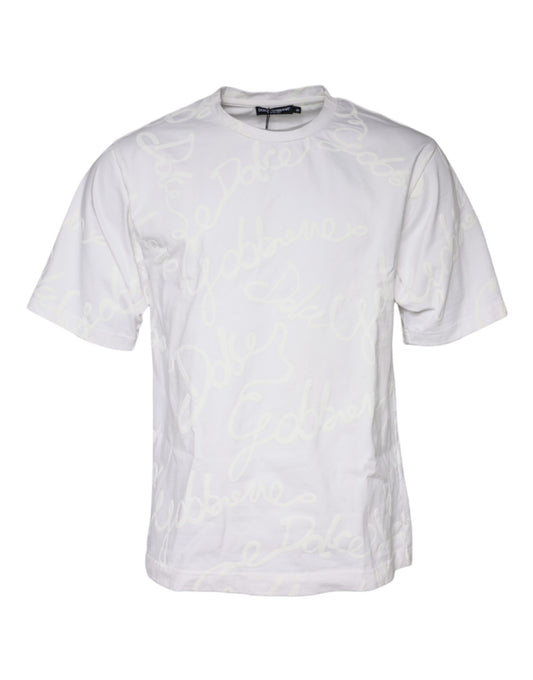 Dolce &amp; Gabbana White Logo Print Cotton Crew Neck T-paita