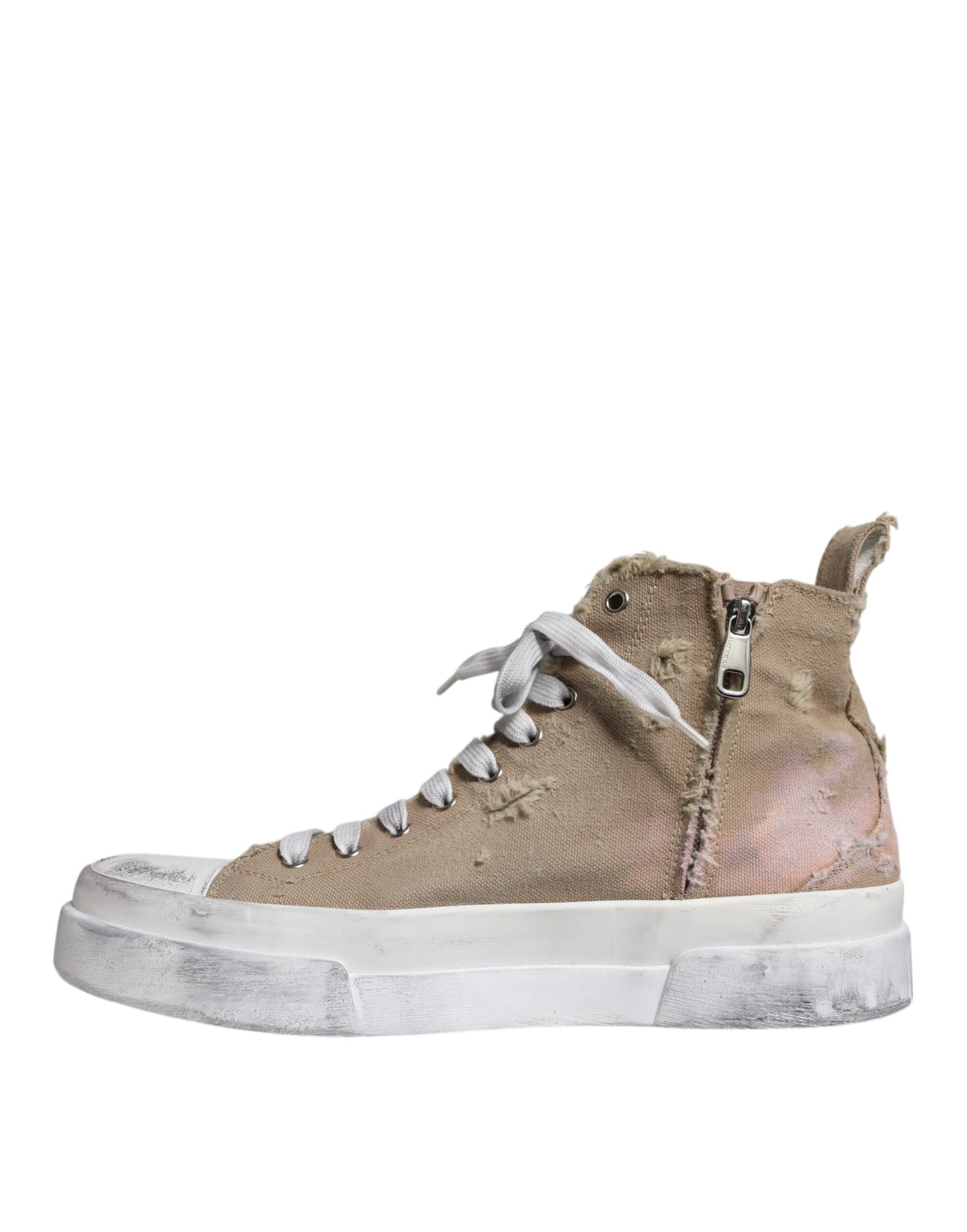 Dolce &amp; Gabbana Beige White Canvas High Top Sneakers Shoes