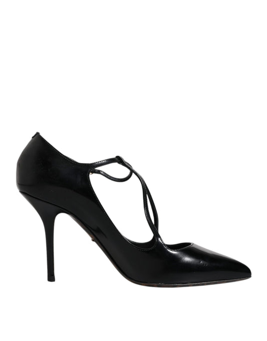 Dolce & Gabbana Schwarze Leder T-Riemen Stiletto Heels Schuhe