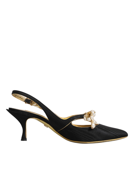 Dolce & Gabbana Schwarz Leder Faux Perlen Slingbacks Schuhe