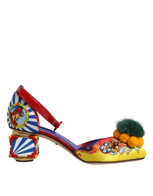 Dolce &amp; Gabbana Multicolor Carretto Crystal Fur Sandals Shoes