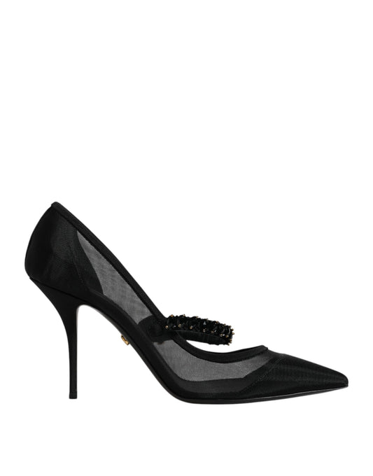 Dolce &amp; Gabbana Black Mesh Mary Jane Crystal Heel Pump Shoes