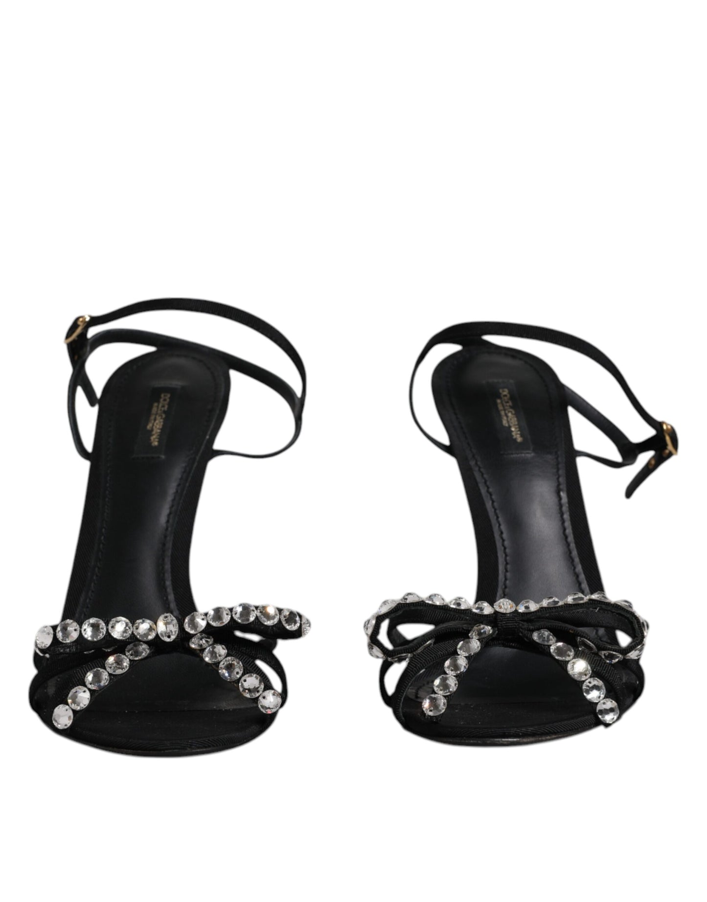 Dolce &amp; Gabbana Black Leather Crystal Heels Sandals Shoes