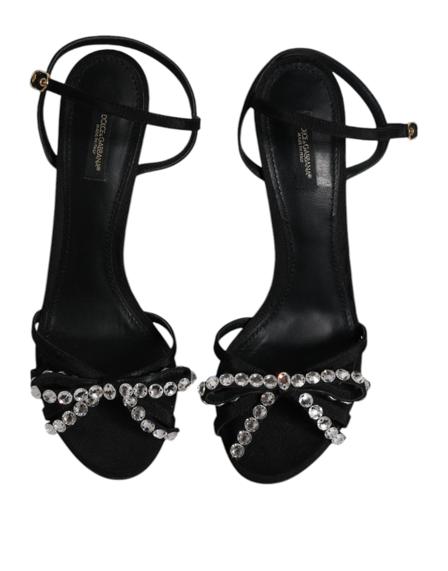 Dolce &amp; Gabbana Black Leather Crystal Heels Sandals Shoes