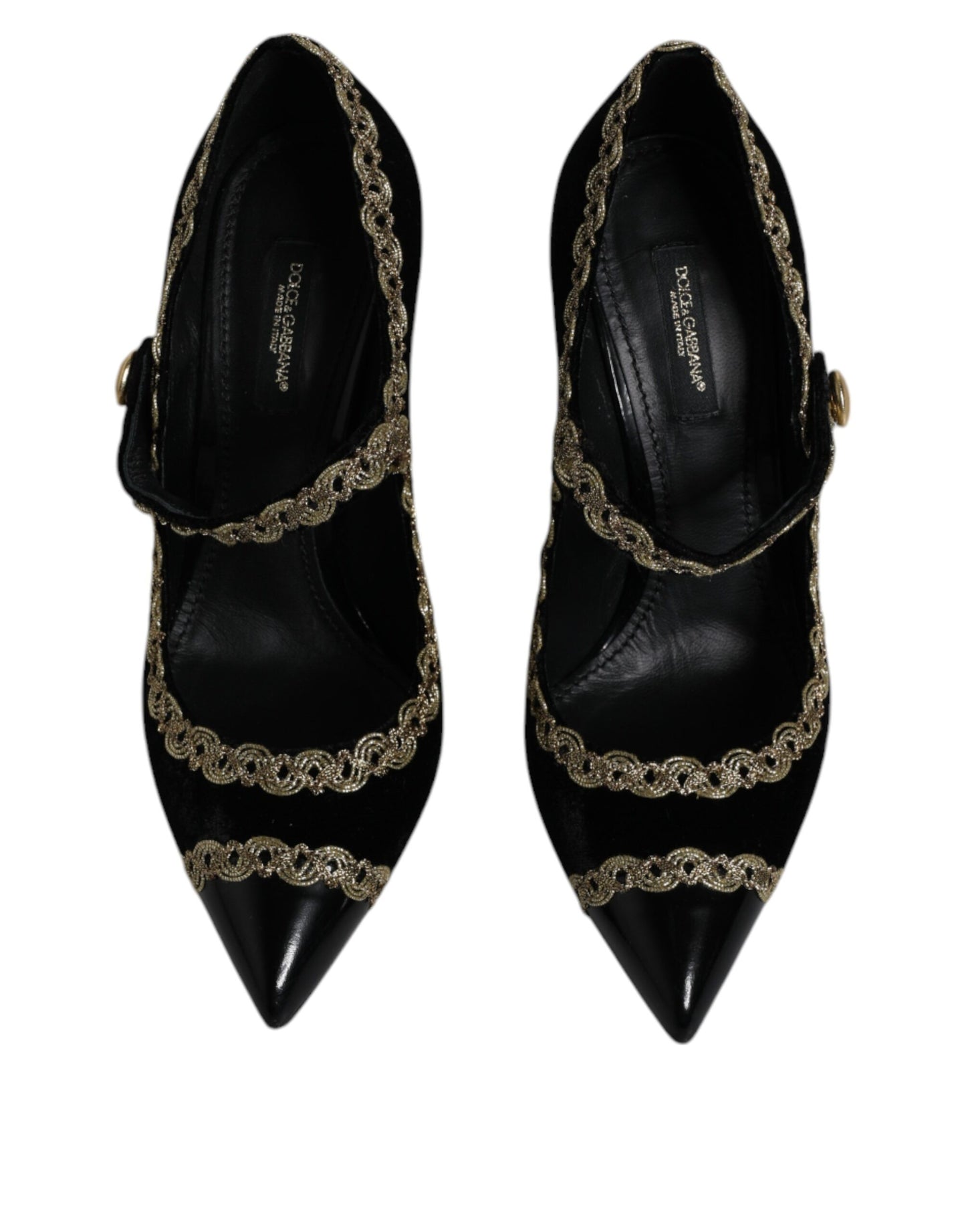 Dolce &amp; Gabbana Black Velvet Gold Mary Janes Pumps -kengät