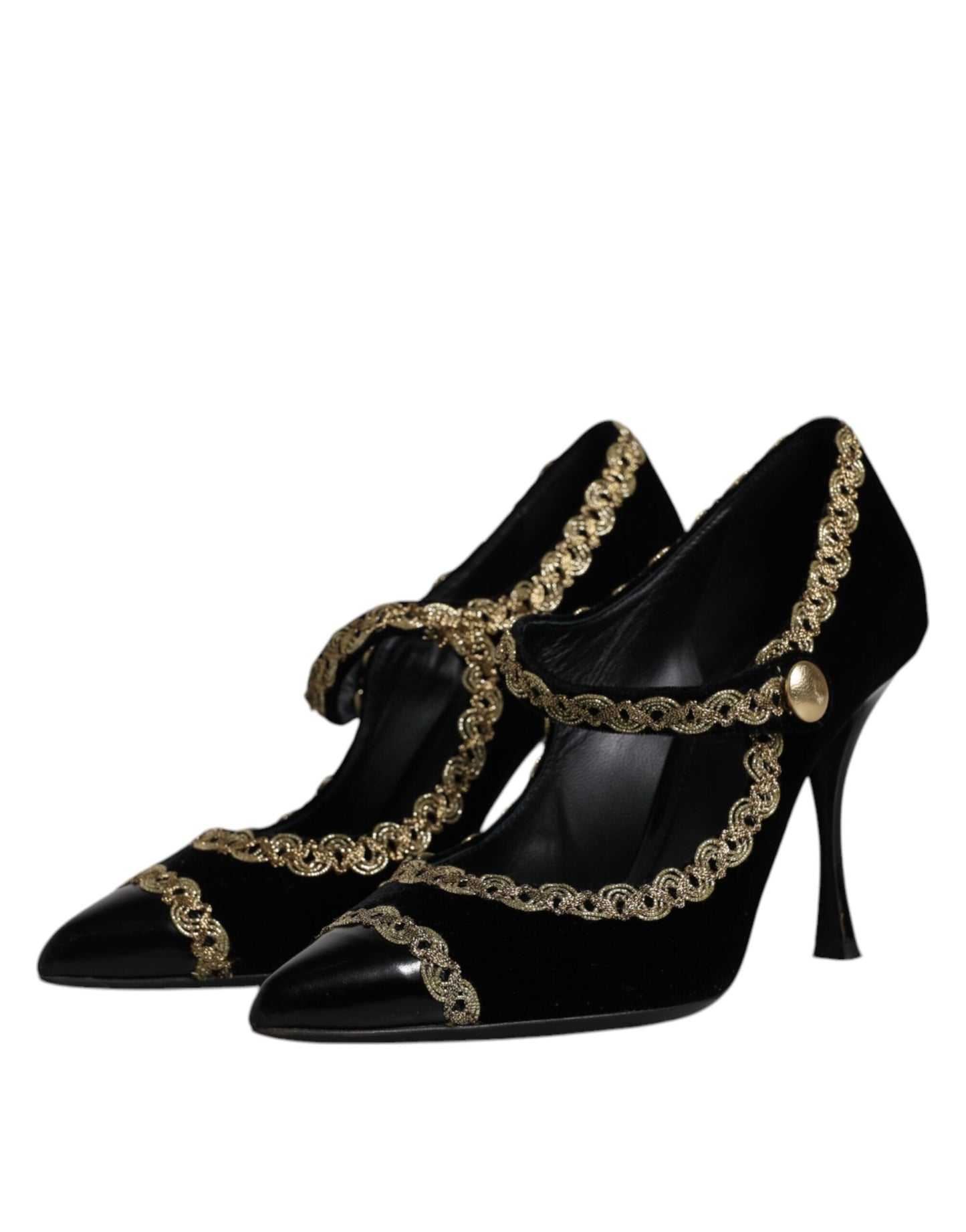 Dolce &amp; Gabbana Black Velvet Gold Mary Janes Pumps -kengät