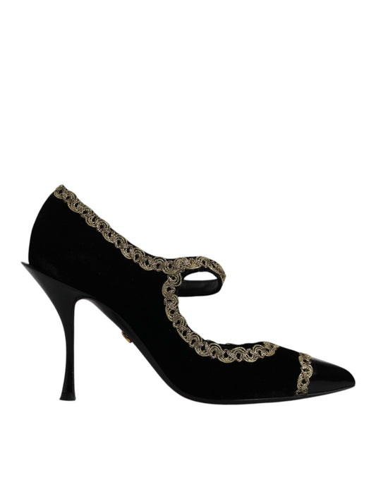 Dolce &amp; Gabbana Black Velvet Gold Mary Janes Pumps -kengät