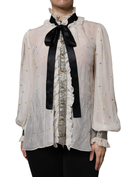 Dolce &amp; Gabbana Off White Silk Blend Ascot Collar Blouse Top