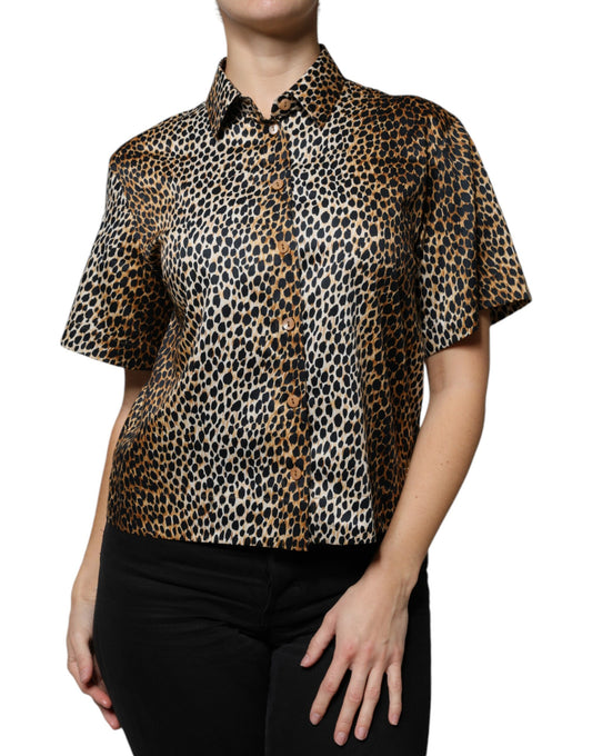 Dolce &amp; Gabbana Brown Leopard Print Short Sleeves Blouse Top