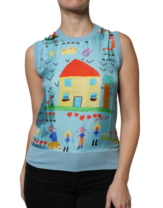 Dolce &amp; Gabbana Blue Drawing Cashmere Sleeveless Tank Top