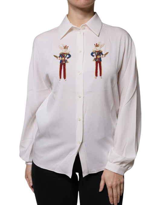 Dolce &amp; Gabbana White Rabbit Patch Silk Collared Blouse Top