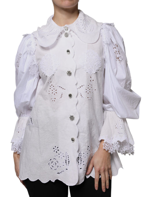 Dolce &amp; Gabbana White Cotton Lace Trim Collared Blouse Top