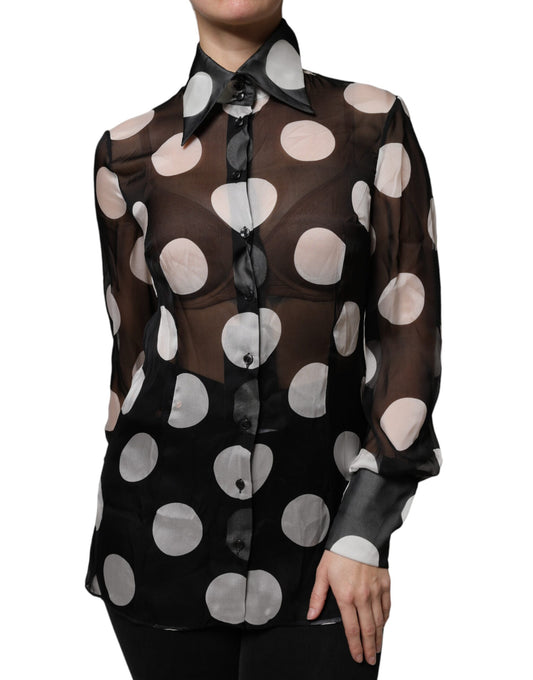 Dolce &amp; Gabbana Black White Polka Dots silkki pitkähihainen toppi