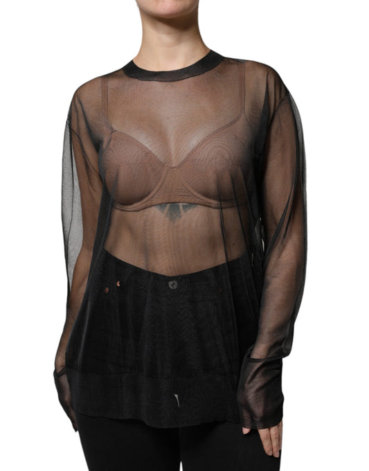 Dolce &amp; Gabbana Black Sheer Long Sleeves Crewneck Blouse Top