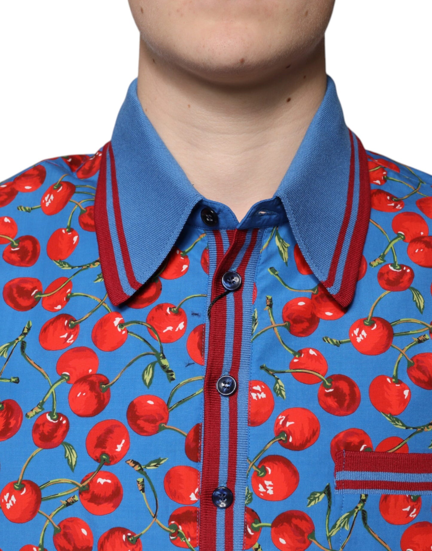 Dolce & Gabbana Blaues Kirschbaum-Baumwoll-Polo-T-Shirt für Männer mit Kragen