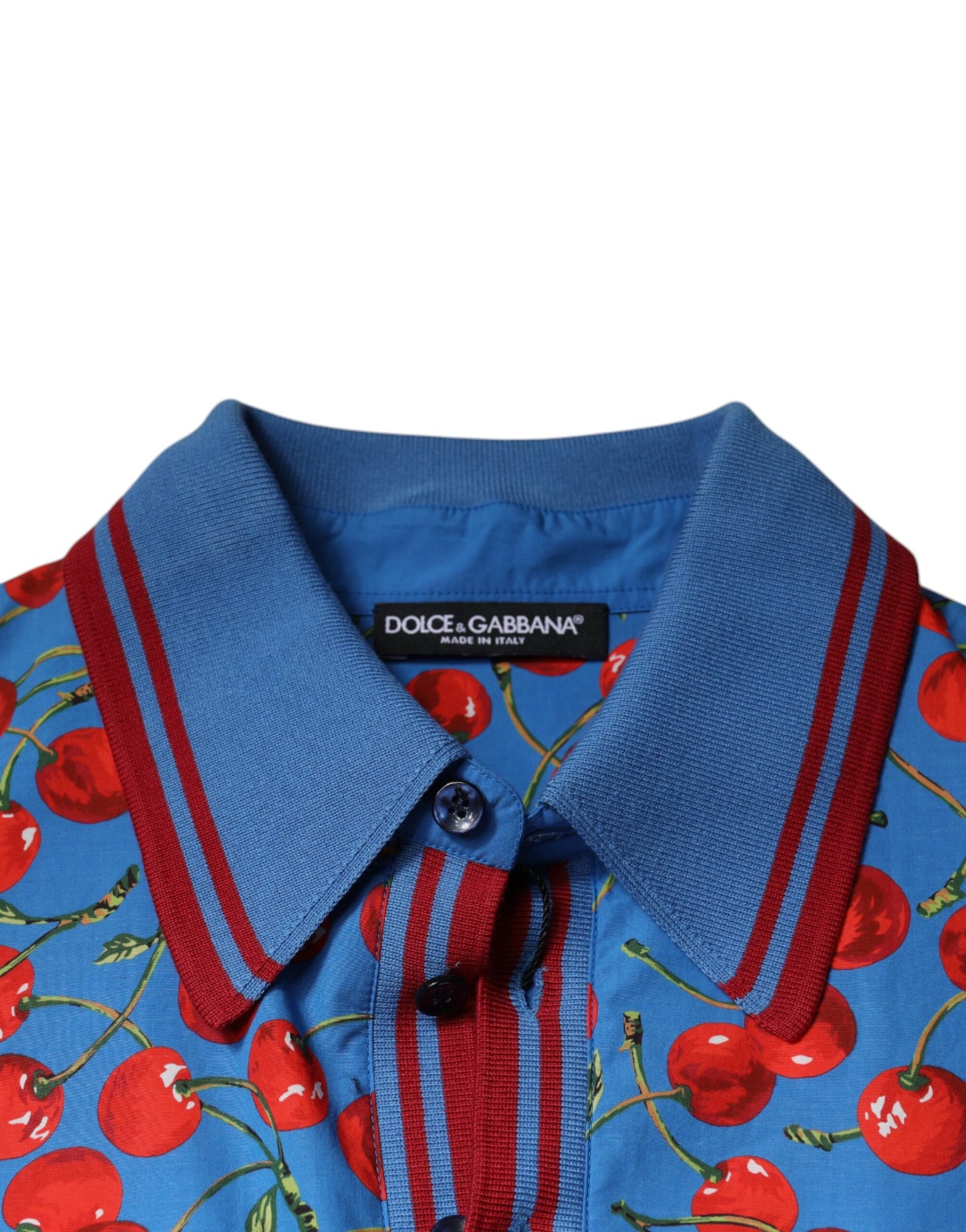 Dolce & Gabbana Blaues Kirschbaum-Baumwoll-Polo-T-Shirt für Männer mit Kragen