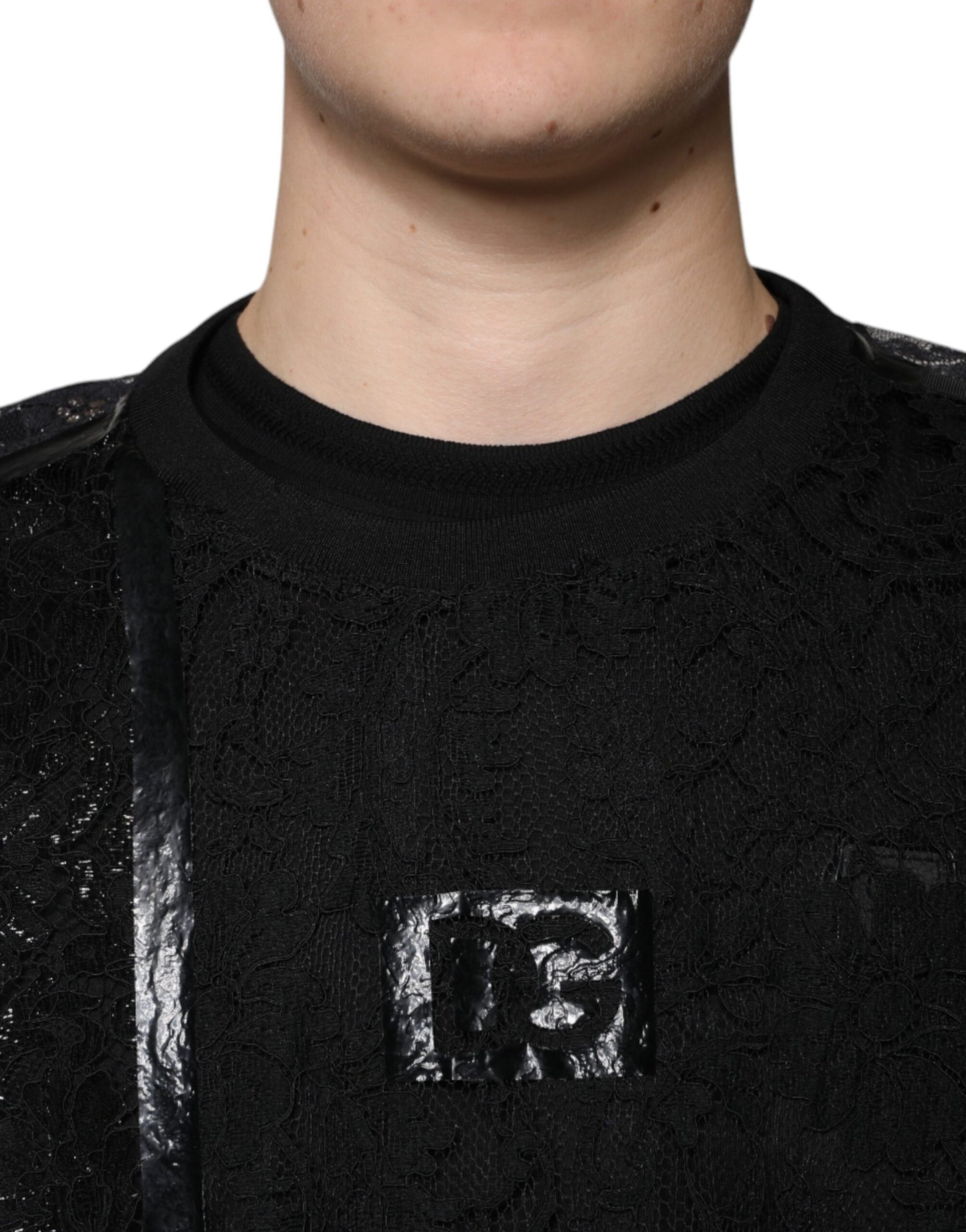 Dolce & Gabbana Schwarzes Nylon T-Shirt mit geblümter Spitze und Rundhalsausschnitt