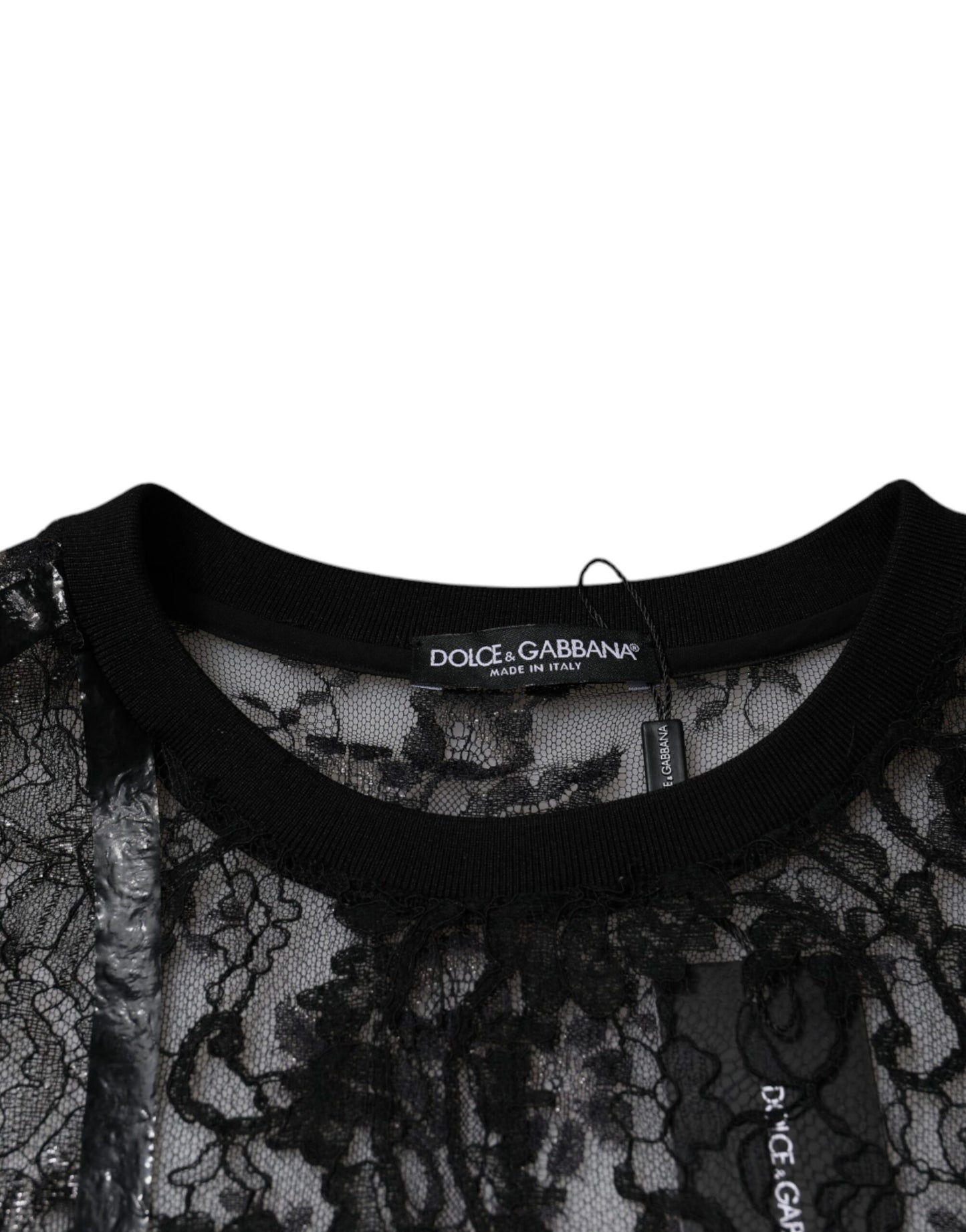 Dolce & Gabbana Schwarzes Nylon T-Shirt mit geblümter Spitze und Rundhalsausschnitt