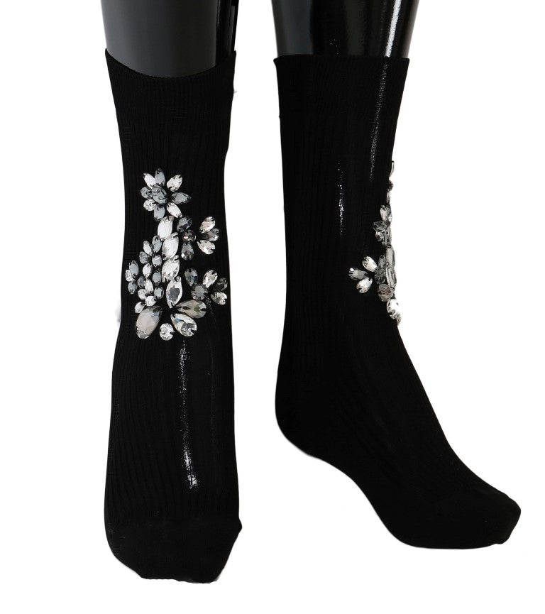 Dolce &amp; Gabbana Black Knitted Socks with Crystal Embellishment