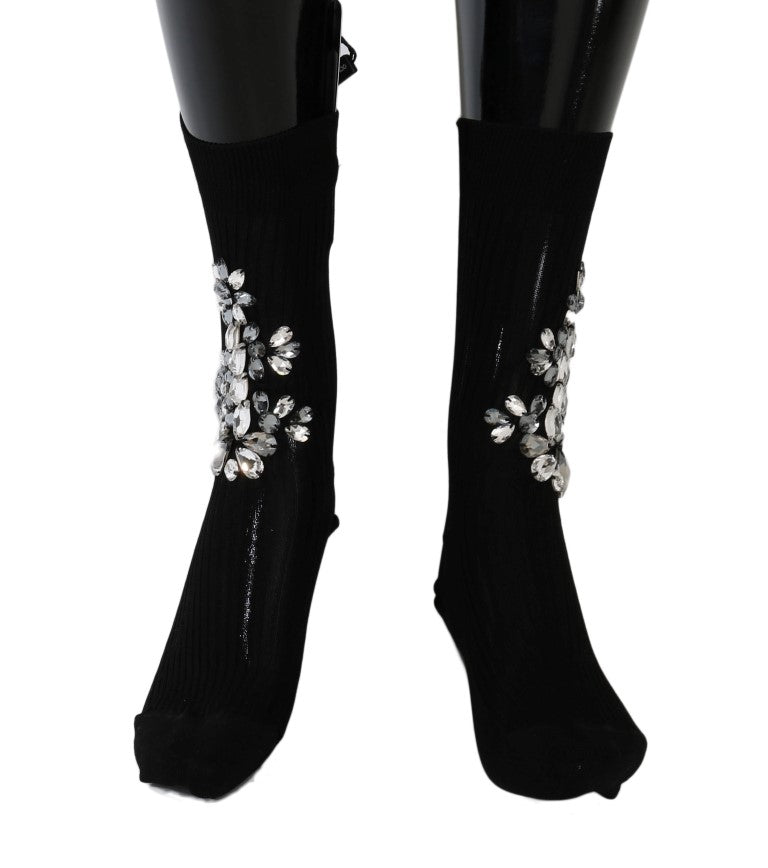 Dolce &amp; Gabbana Black Knitted Socks with Crystal Embellishment