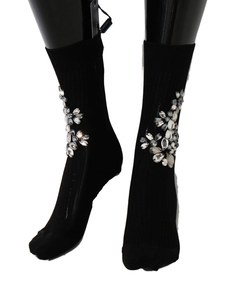 Dolce &amp; Gabbana Black Knitted Socks with Crystal Embellishment