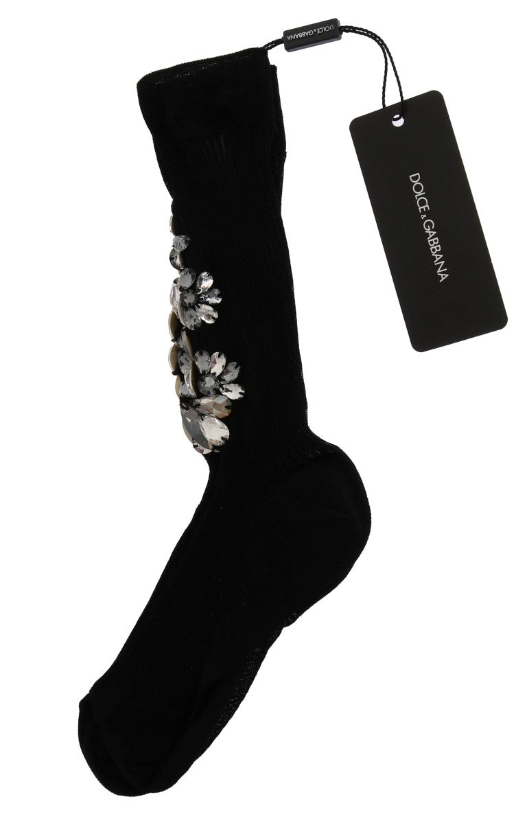 Dolce &amp; Gabbana Black Knitted Socks with Crystal Embellishment