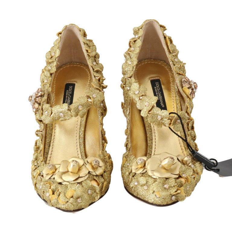 Dolce &amp; Gabbana Gold Floral Crystal Embellished Pumps