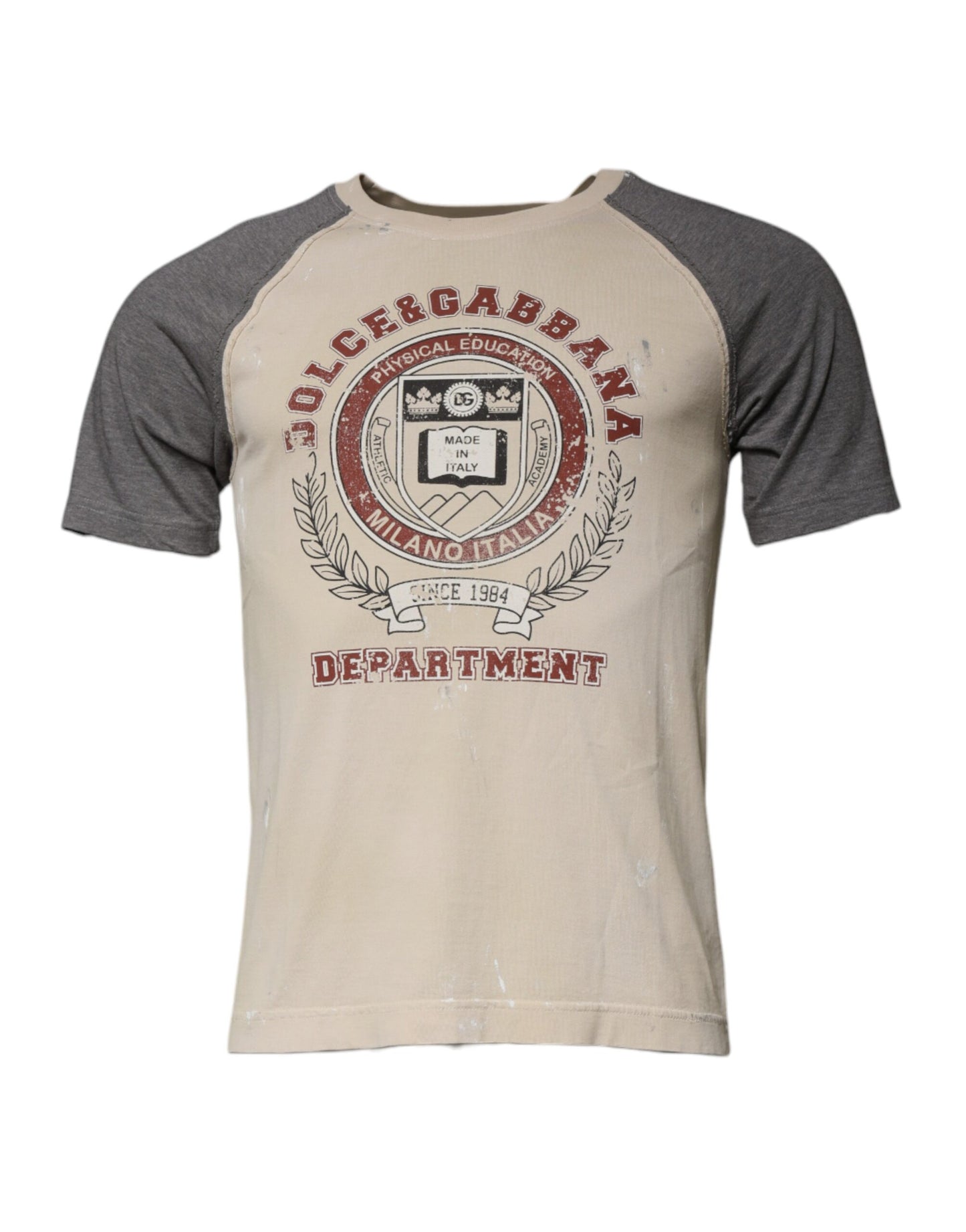 Dolce & Gabbana Beige-graues T-Shirt mit Rundhalsausschnitt aus Baumwolle mit Grafikdruck