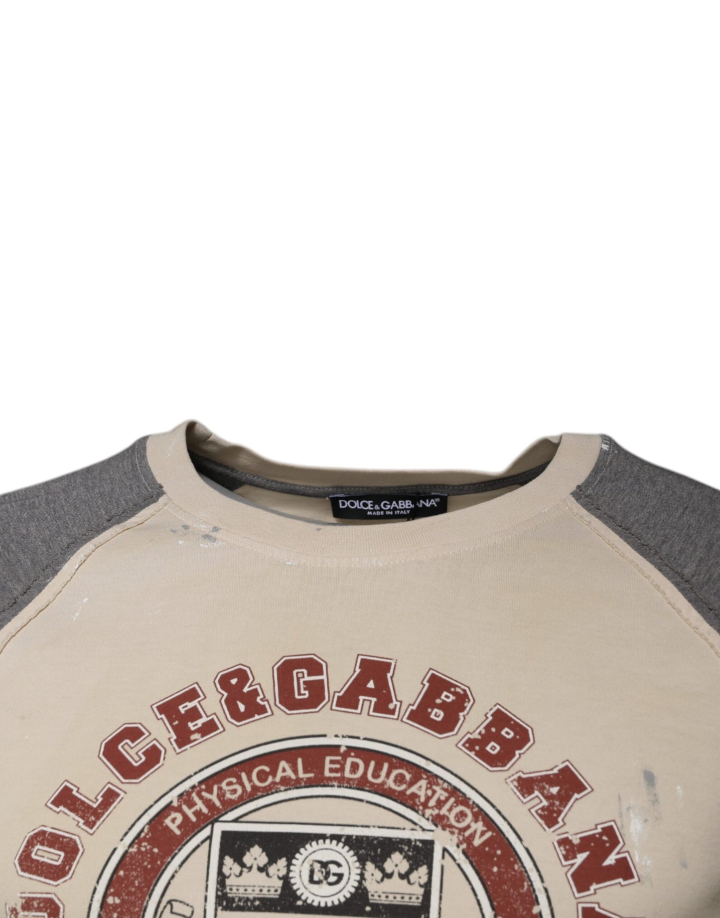 Dolce & Gabbana Beige-graues T-Shirt mit Rundhalsausschnitt aus Baumwolle mit Grafikdruck