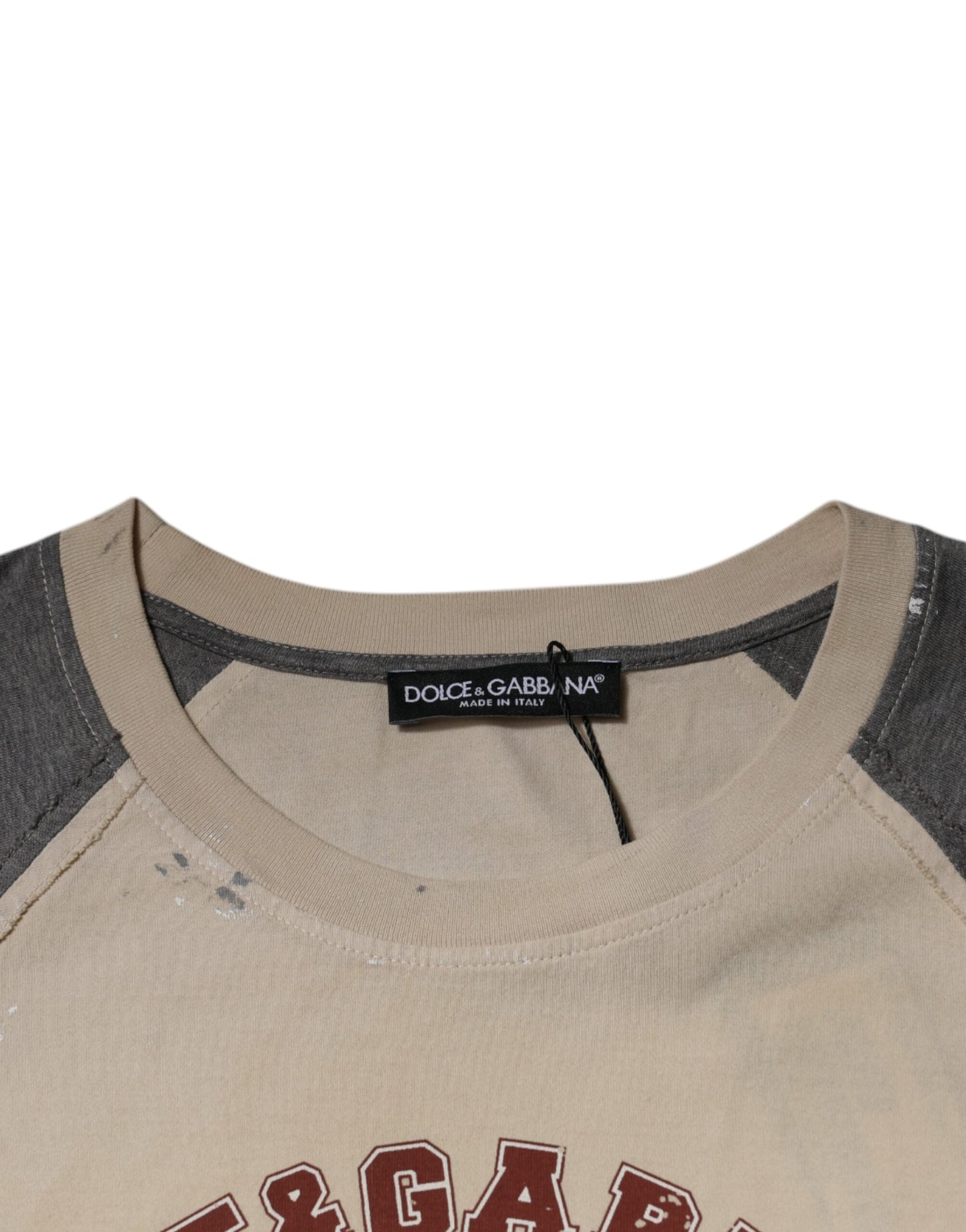 Dolce & Gabbana Beige-graues T-Shirt mit Rundhalsausschnitt aus Baumwolle mit Grafikdruck