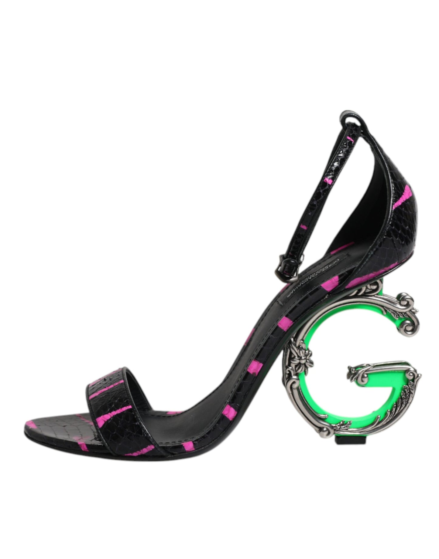 Dolce & Gabbana Schwarz Fuchsia Leder DG Heels Sandalen Schuhe