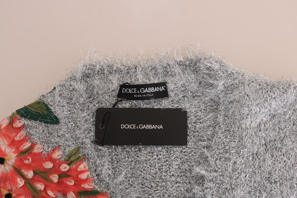 Dolce &amp; Gabbana Elegant silver cardigan with floral appliqués