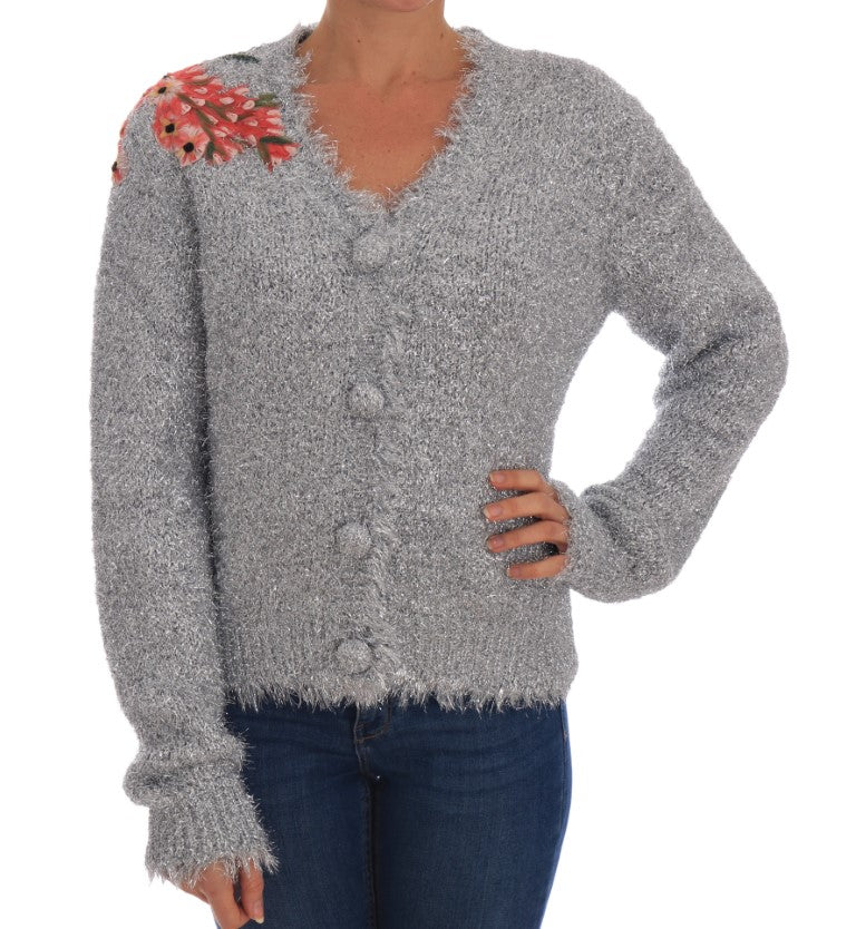 Dolce &amp; Gabbana Elegant silver cardigan with floral appliqués