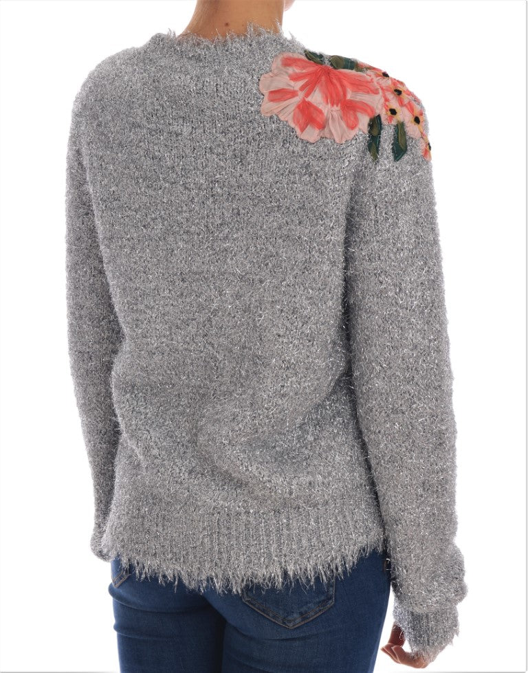 Dolce &amp; Gabbana Elegant silver cardigan with floral appliqués