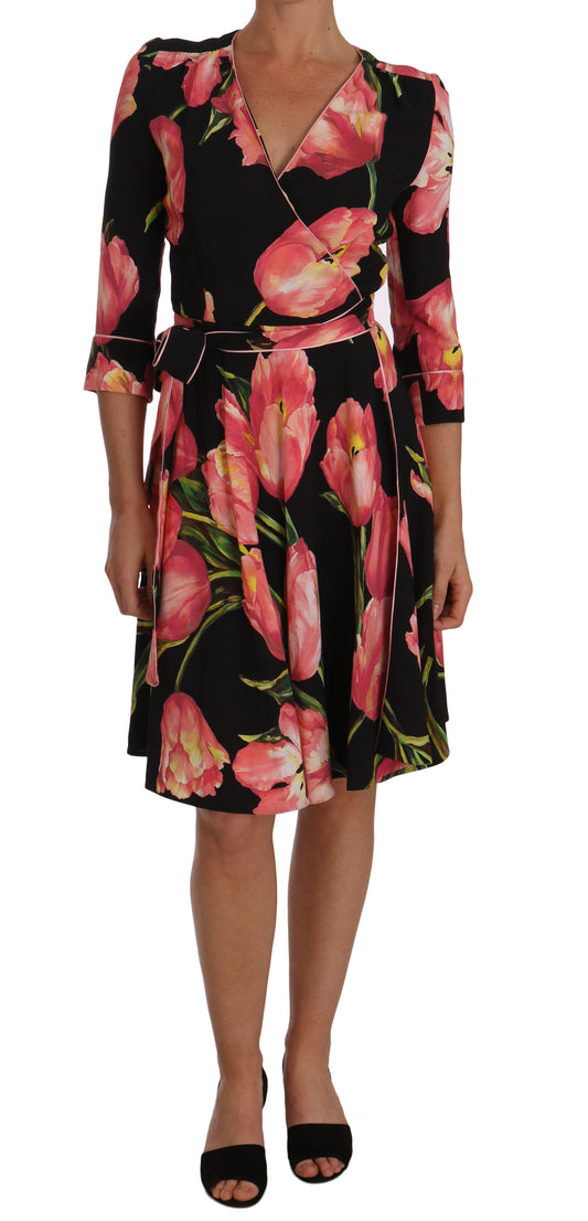 Dolce & Gabbana Elegantes schwarzes Etuikleid mit rosa Tulpenprint