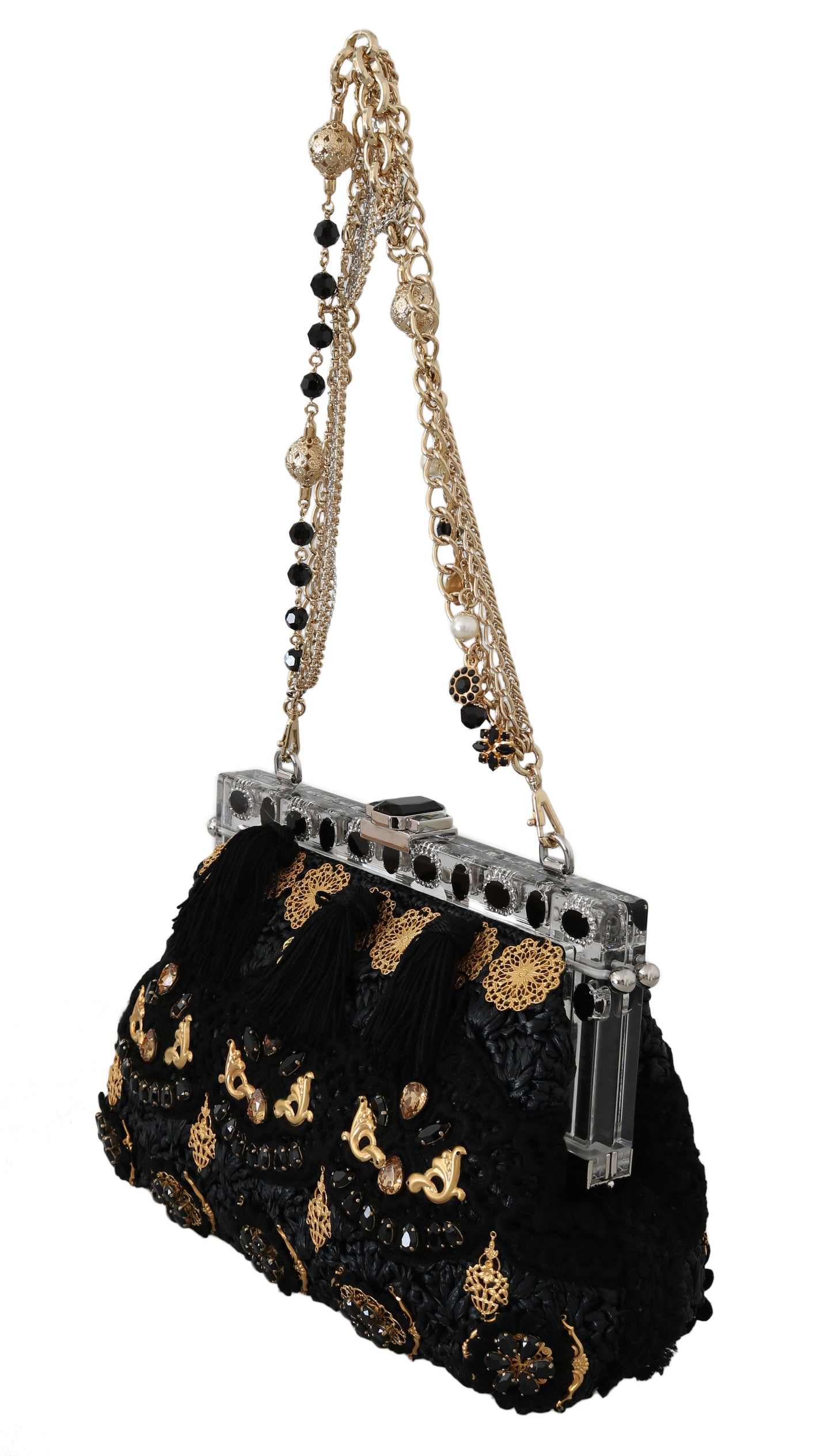 Dolce & Gabbana Schwarze Quaste Gold Barock Kristall Abend Clutch