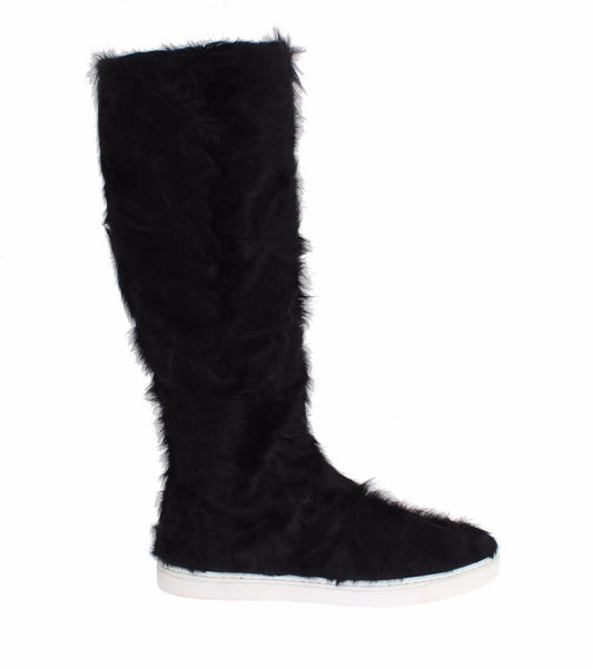 Dolce &amp; Gabbana Elegant Black Fur Leather Flat Sneaker Boots