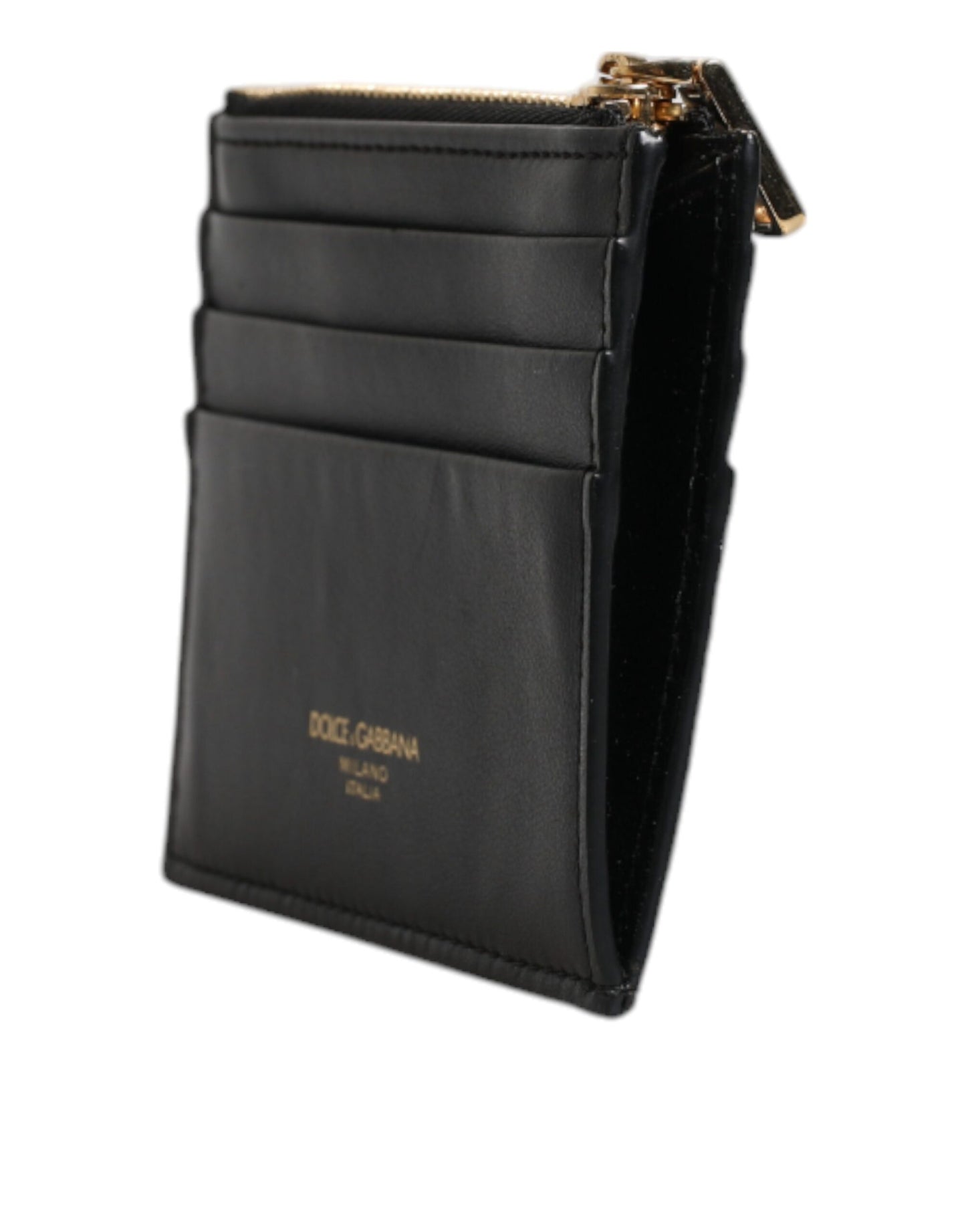 Dolce & Gabbana Schwarzes Leder-Kartenetui DG Logo Zip Wallet