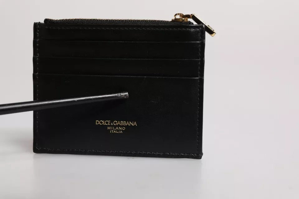 Dolce & Gabbana Schwarzes Leder-Kartenetui DG Logo Zip Wallet