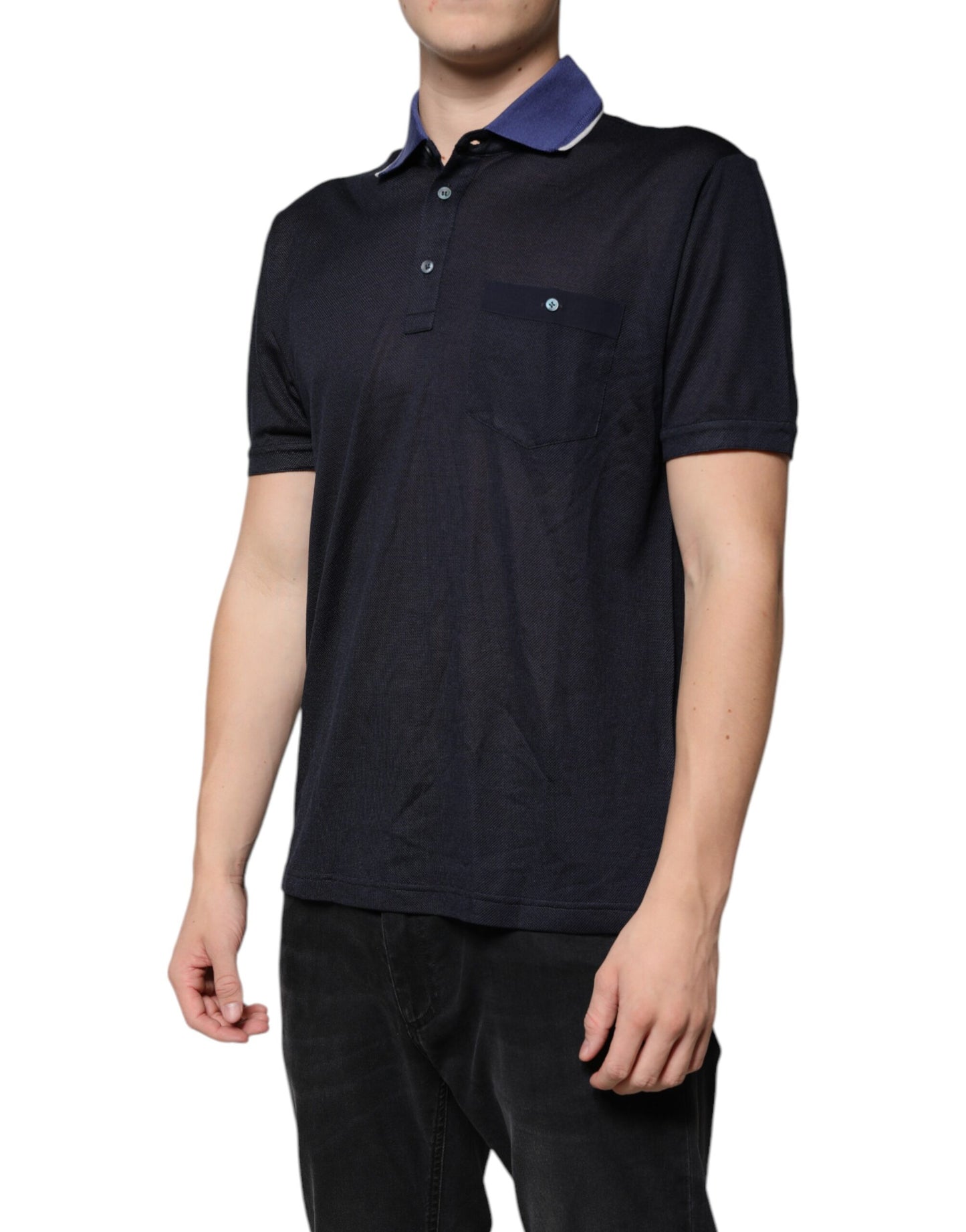 Dolce & Gabbana Blaues Seidenkragen-Polo-T-Shirt mit kurzen Ärmeln