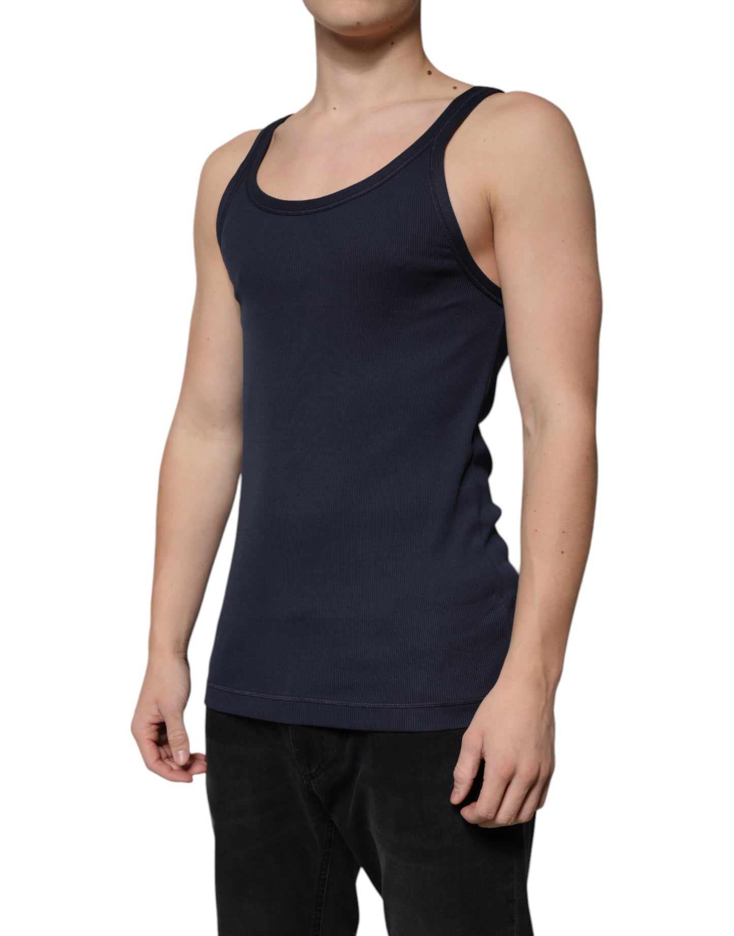 Dolce & Gabbana Blaues ärmelloses Baumwoll-Tank-T-Shirt mit Rundhalsausschnitt